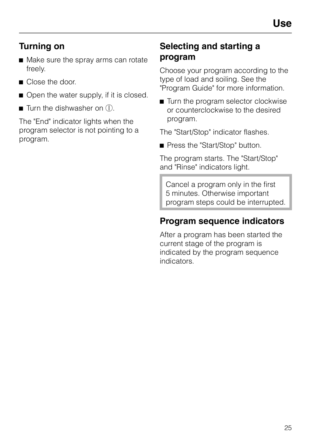 Miele G 2020 manual Turning on, Selecting and starting a program, Program sequence indicators 