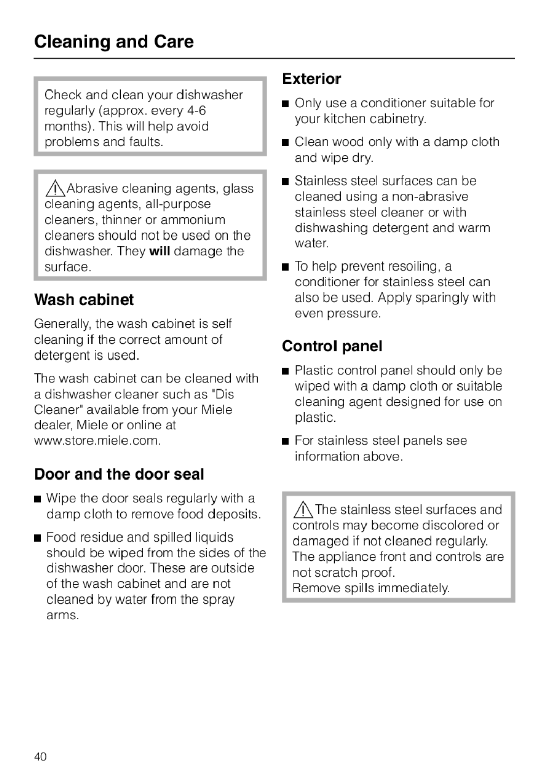 Miele G 2020 manual Cleaning and Care, Wash cabinet, Door and the door seal, Exterior 