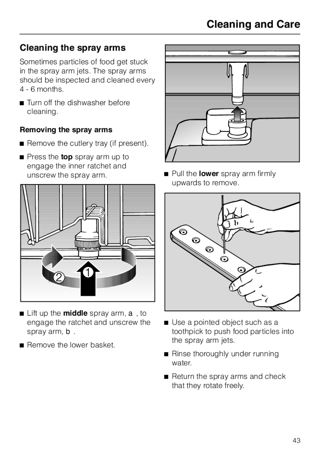 Miele G 2020 manual Cleaning the spray arms, Removing the spray arms 