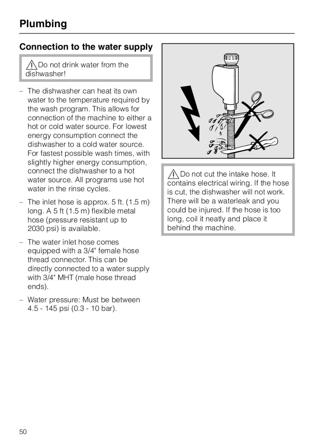 Miele G 2020 manual Plumbing, Connection to the water supply 