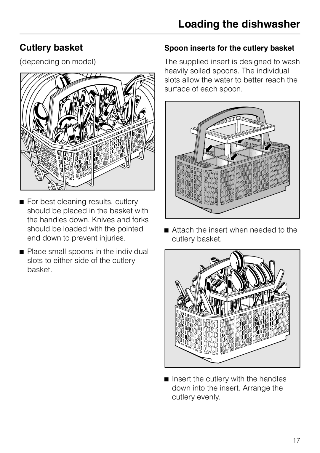 Miele G 2020 manual Cutlery basket, Loading the dishwasher, Spoon inserts for the cutlery basket 