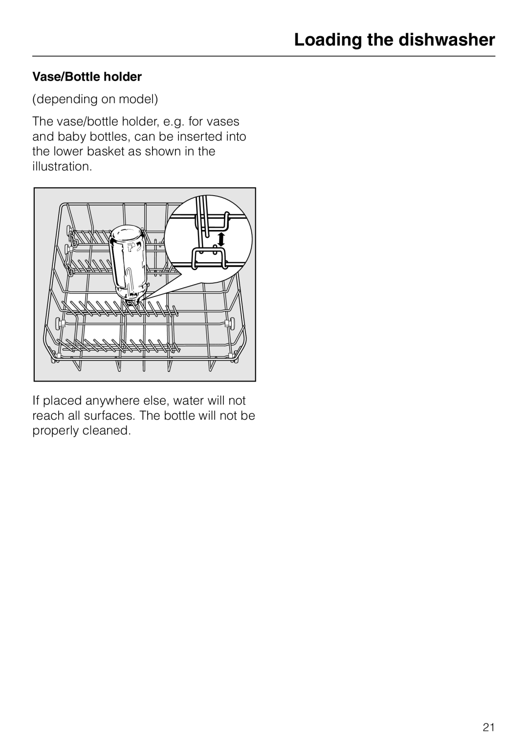Miele G 2020 manual Loading the dishwasher, Vase/Bottle holder 