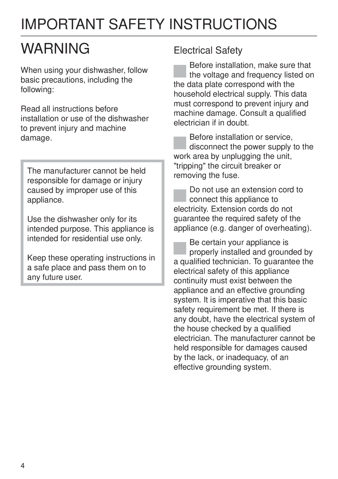 Miele G 2120 manual Important Safety Instructions, Electrical Safety 