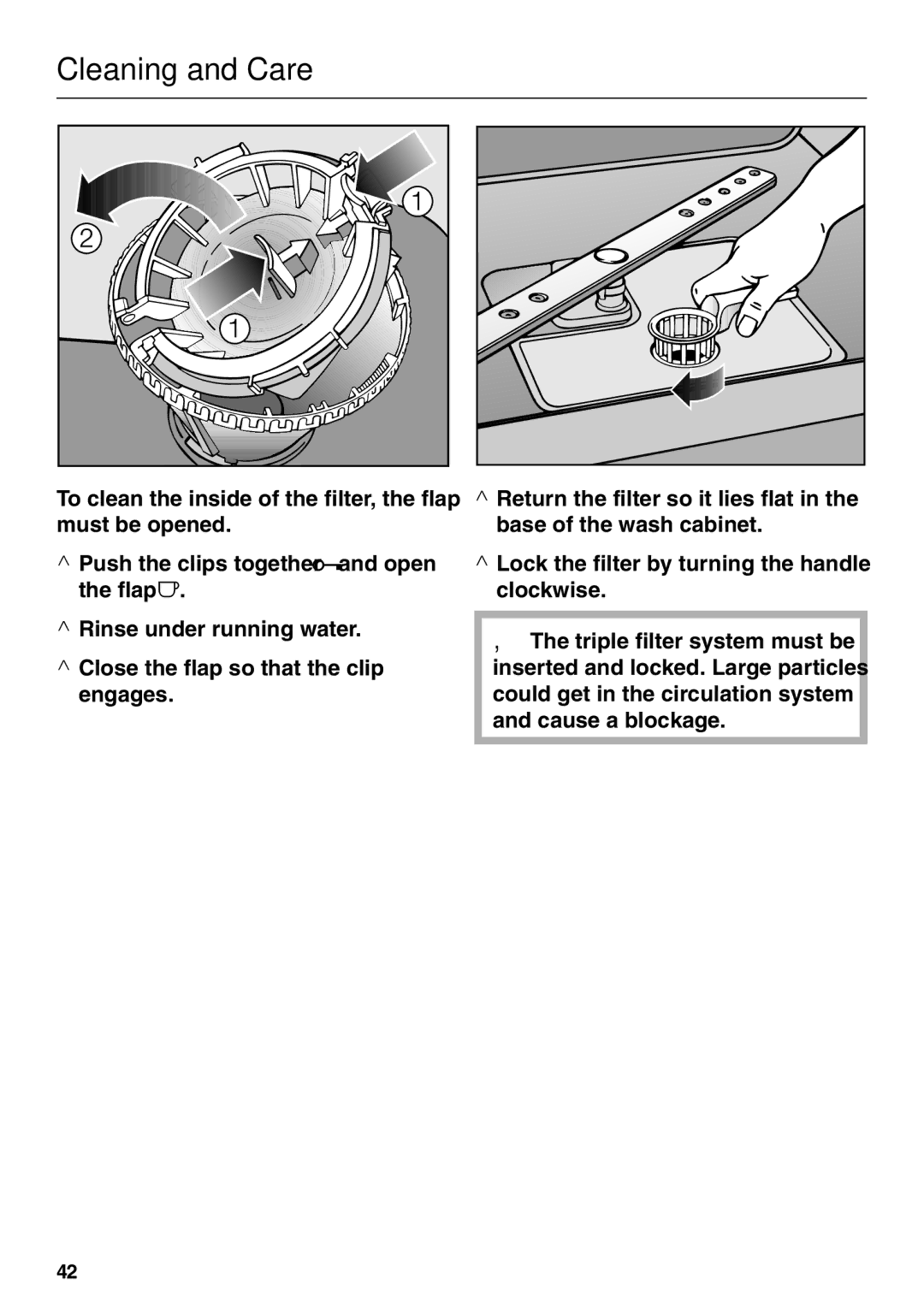 Miele G 2120 manual Cleaning and Care 