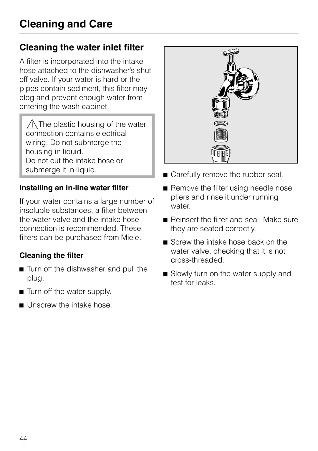 Miele G 2120 manual Cleaning the water inlet filter, Installing an in-line water filter, Cleaning the filter 