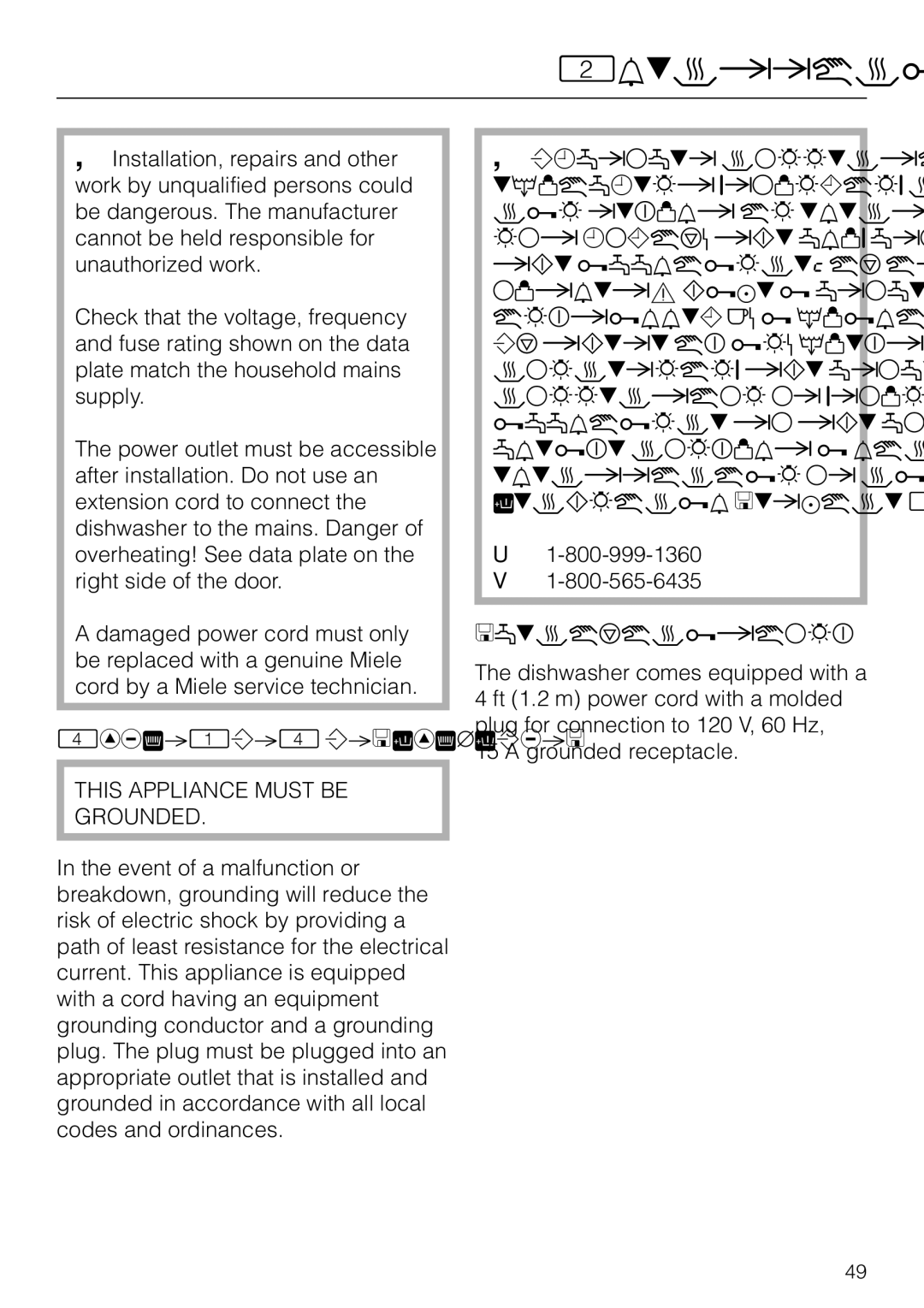 Miele G 2120 manual Electrical connection, Grounding Instructions 