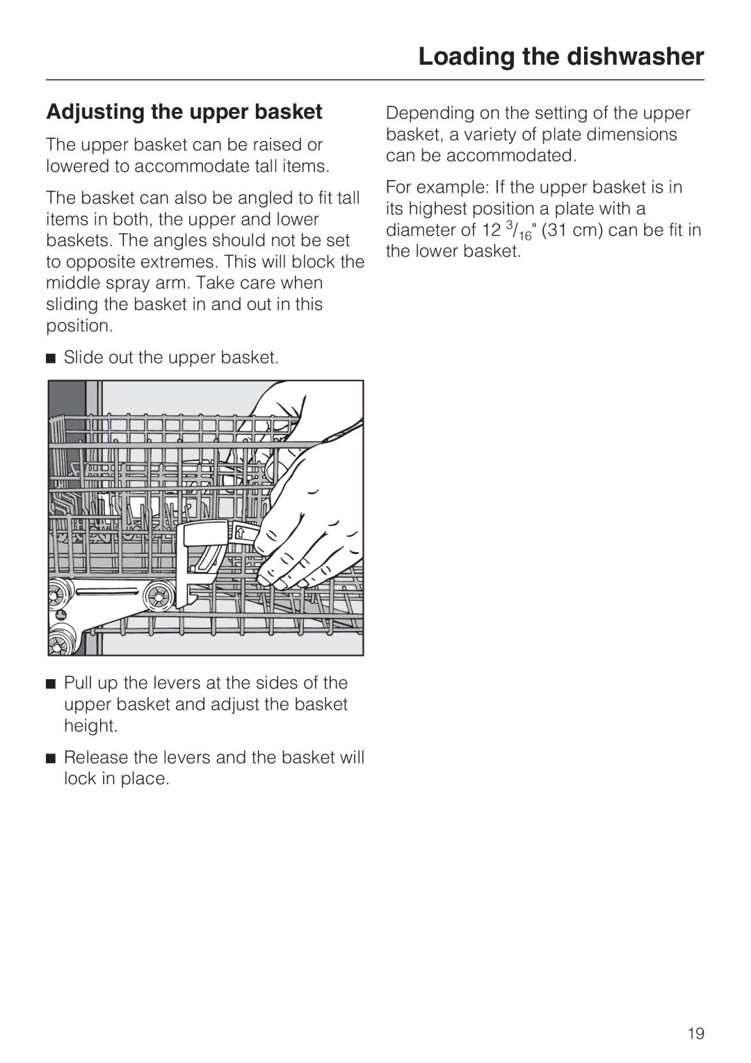 Miele G 2140 manual Adjusting the upper basket, Slide out the upper basket 