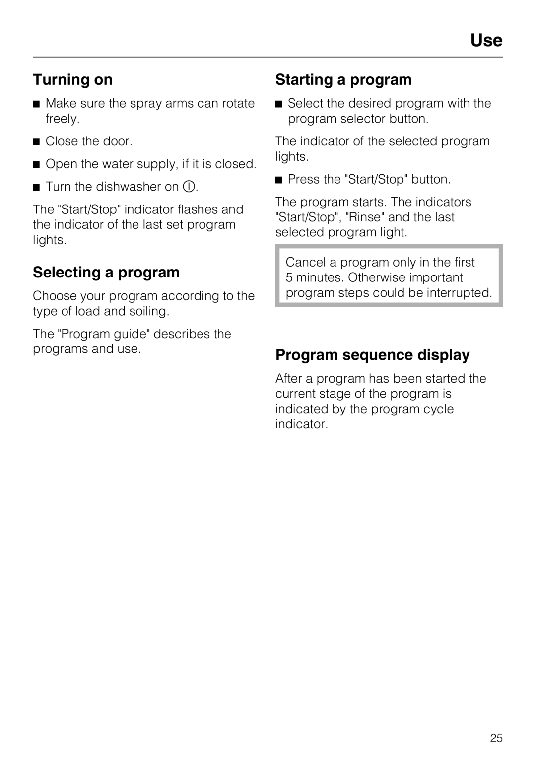 Miele G 2140 manual Turning on, Selecting a program, Starting a program, Program sequence display 