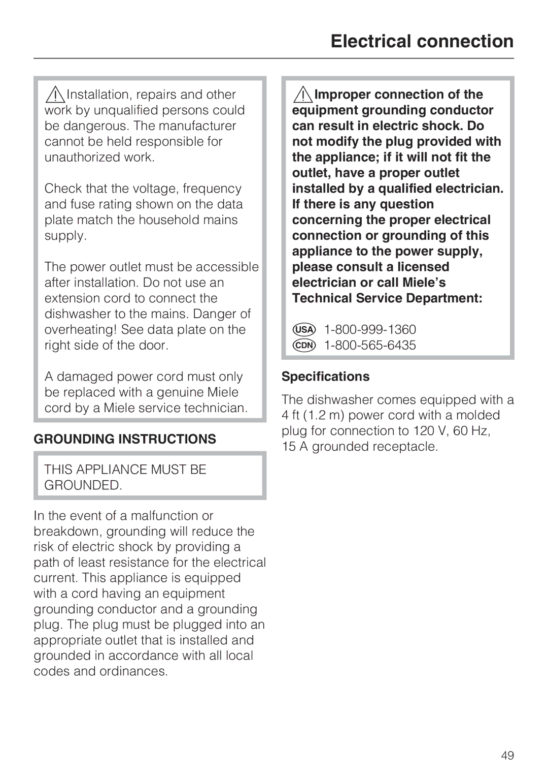 Miele G 2140 manual Electrical connection, Grounding Instructions 