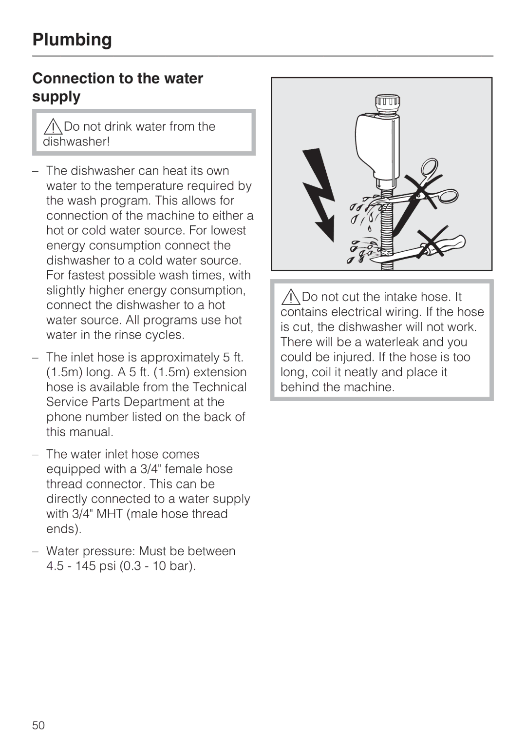 Miele G 2140 manual Plumbing, Connection to the water supply 