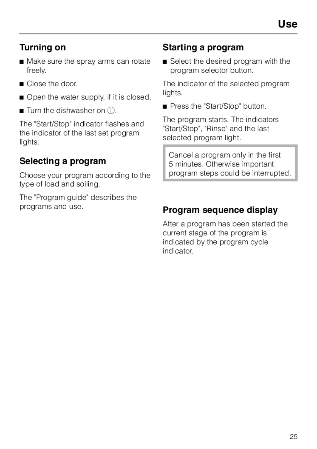 Miele G 2140 manual Turning on, Selecting a program, Starting a program, Program sequence display 