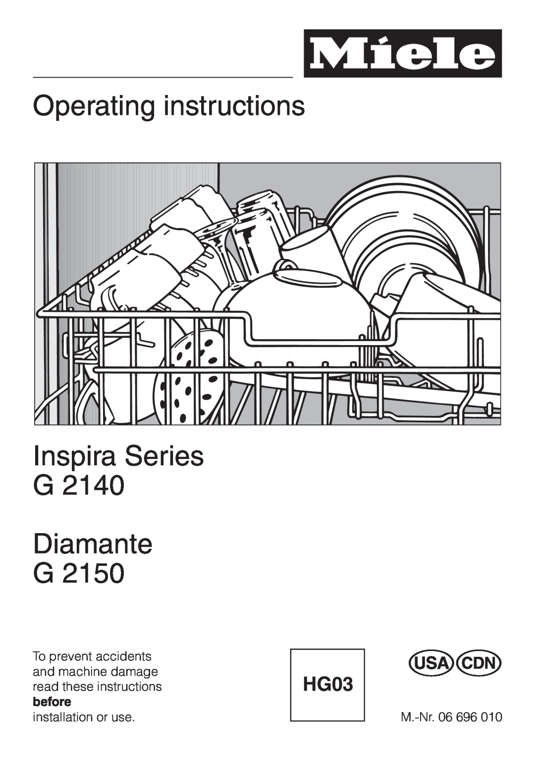 Miele G 2140 manual Operating instructions Inspira Series G Diamante 