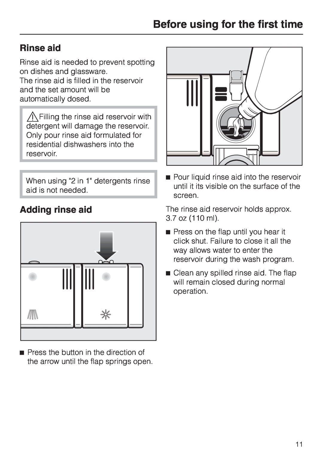 Miele G 2140 manual Rinse aid, Adding rinse aid, Before using for the first time 