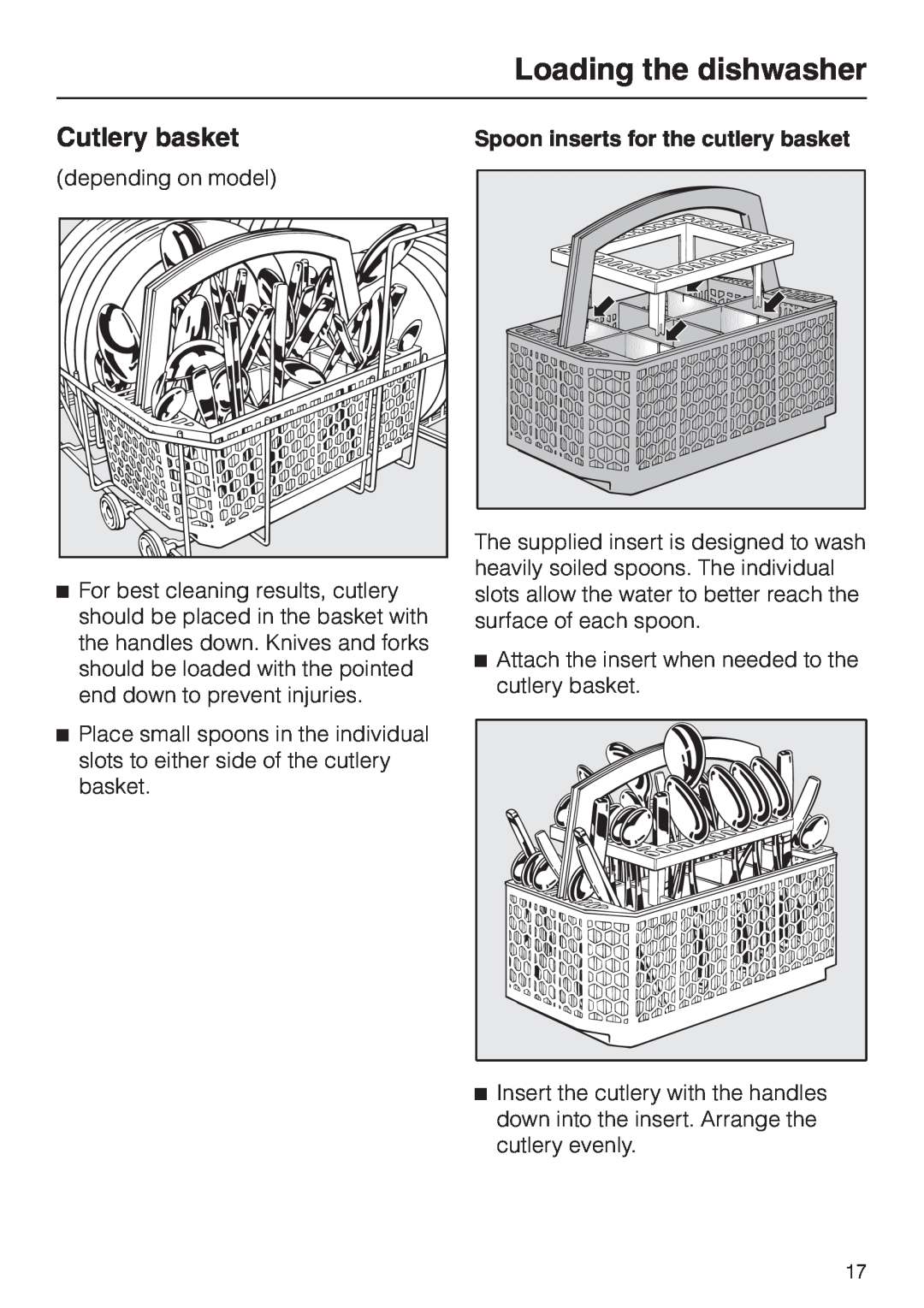 Miele G 2140 manual Cutlery basket, Loading the dishwasher, Spoon inserts for the cutlery basket 