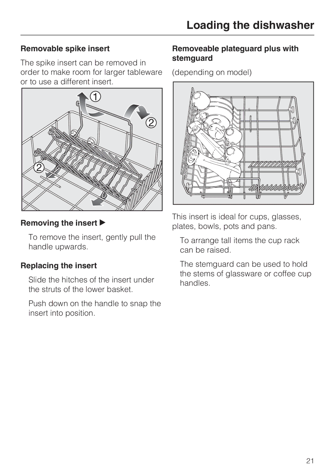 Miele G 2141 Removable spike insert, Removing the insert, Replacing the insert, Removeable plateguard plus with stemguard 