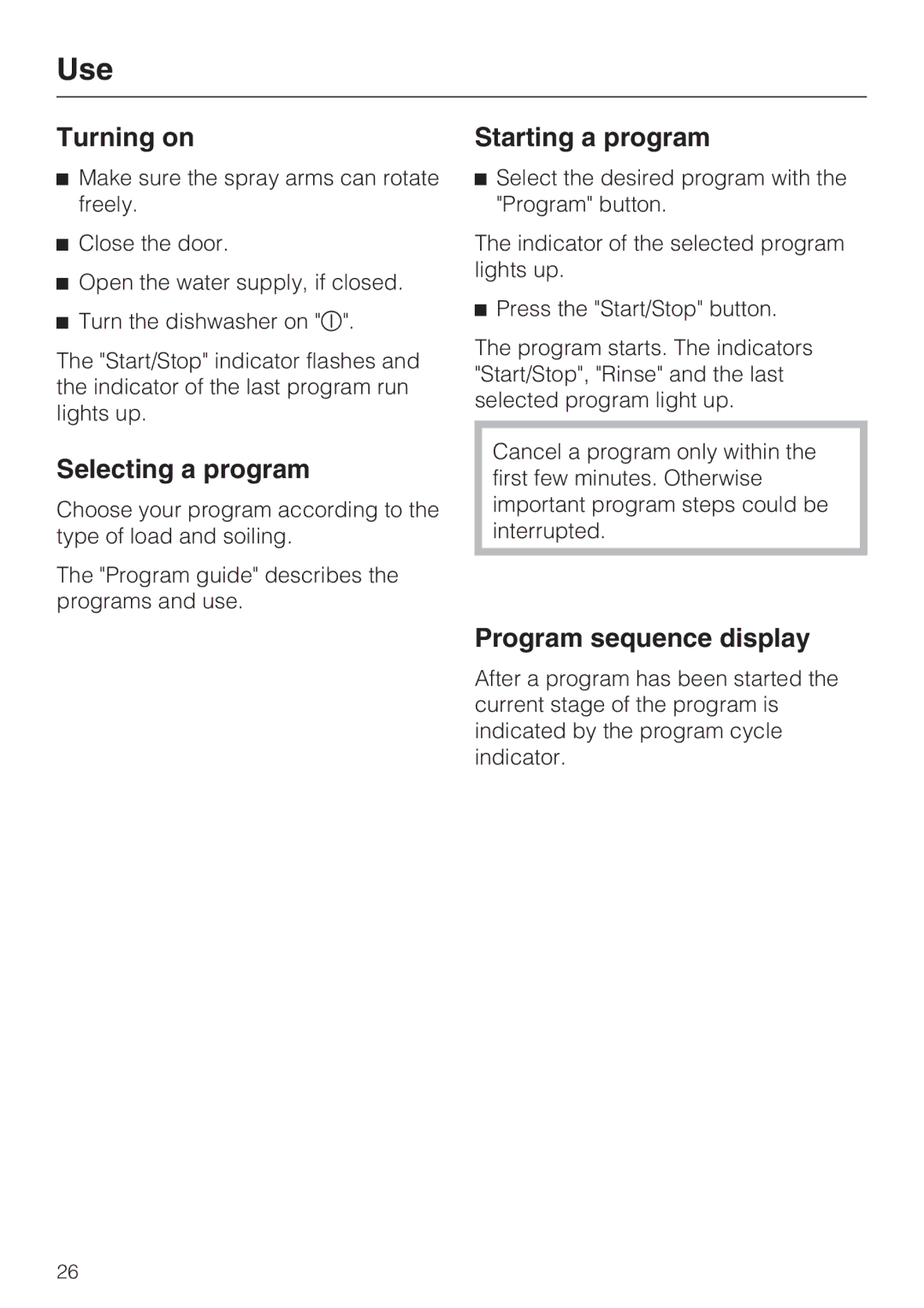 Miele G 2141 manual Turning on, Selecting a program, Starting a program, Program sequence display 