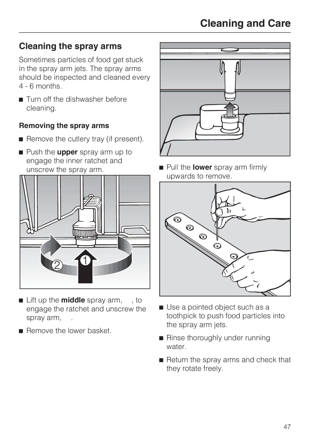 Miele G 2141 manual Cleaning the spray arms, Removing the spray arms 