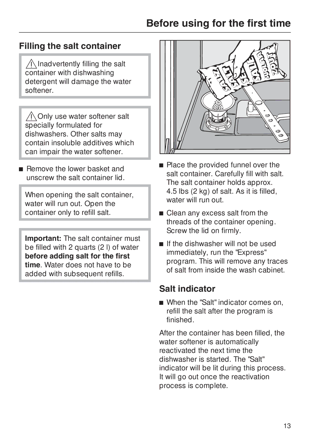 Miele G 2143 manual Filling the salt container, Salt indicator 