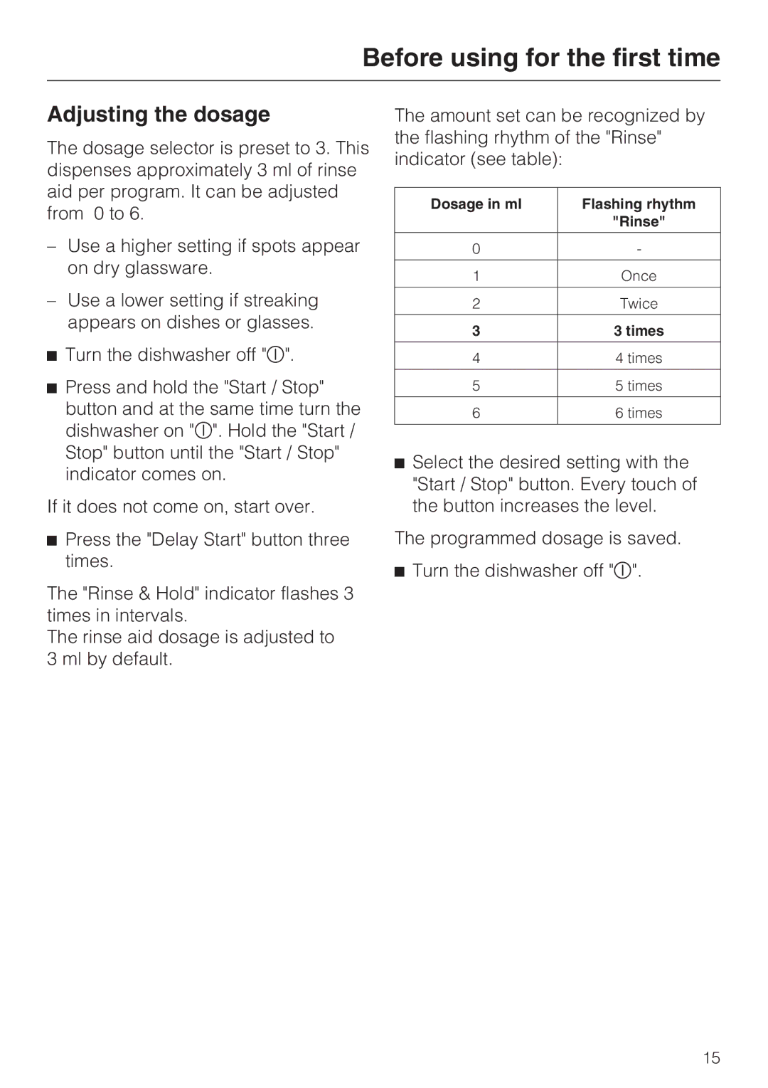 Miele G 2143 manual Adjusting the dosage 