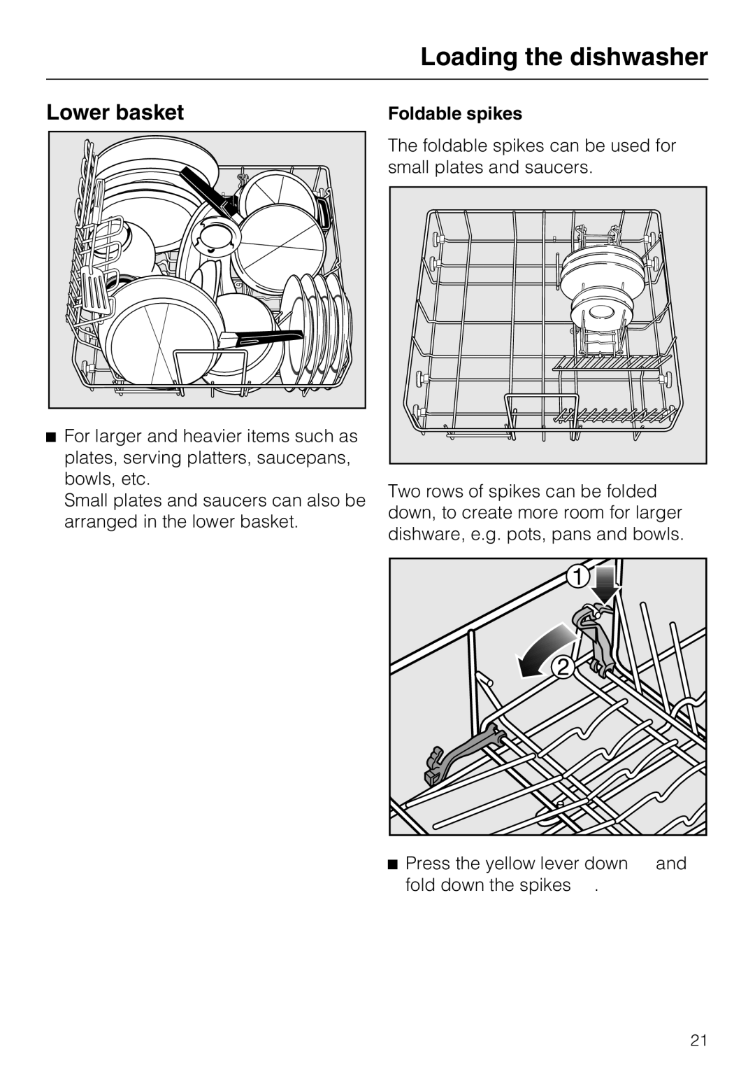 Miele G 2143 manual Lower basket, Foldable spikes 