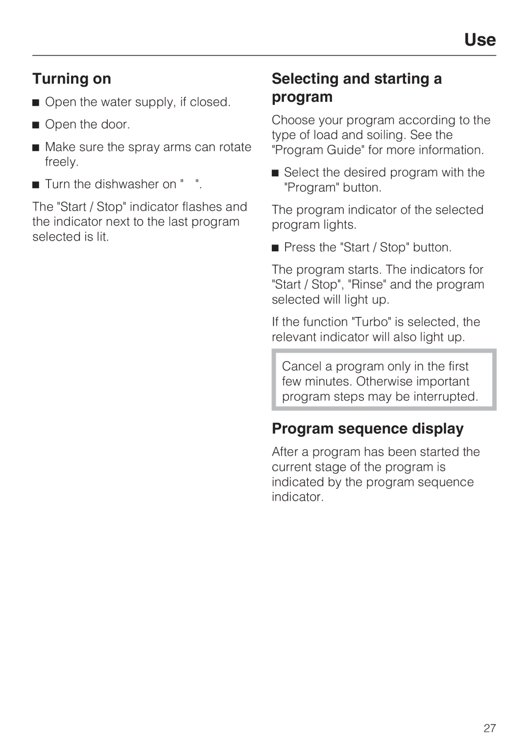 Miele G 2143 manual Turning on, Selecting and starting a program, Program sequence display 