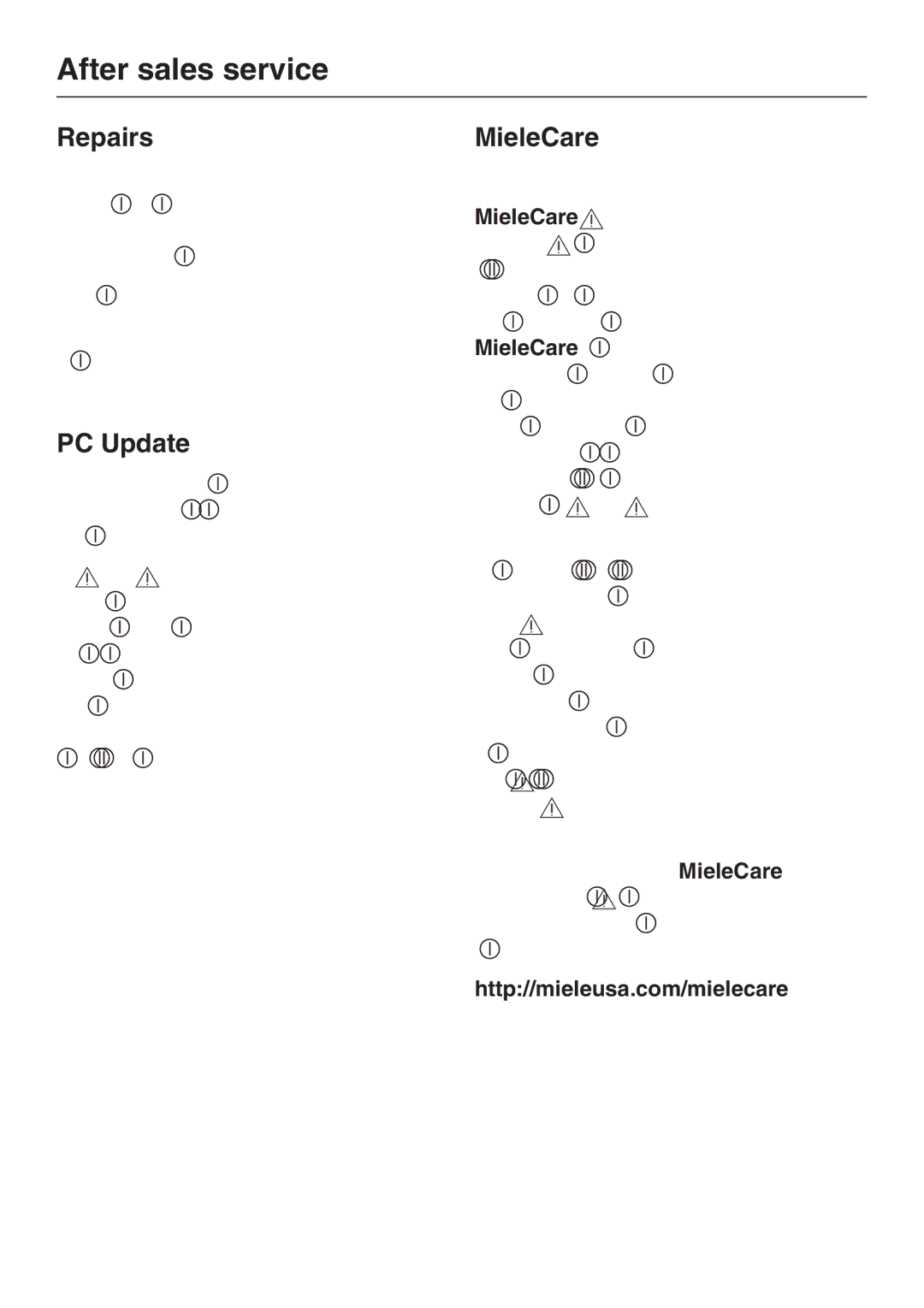 Miele G 2143 manual After sales service, Repairs, PC Update, MieleCare 