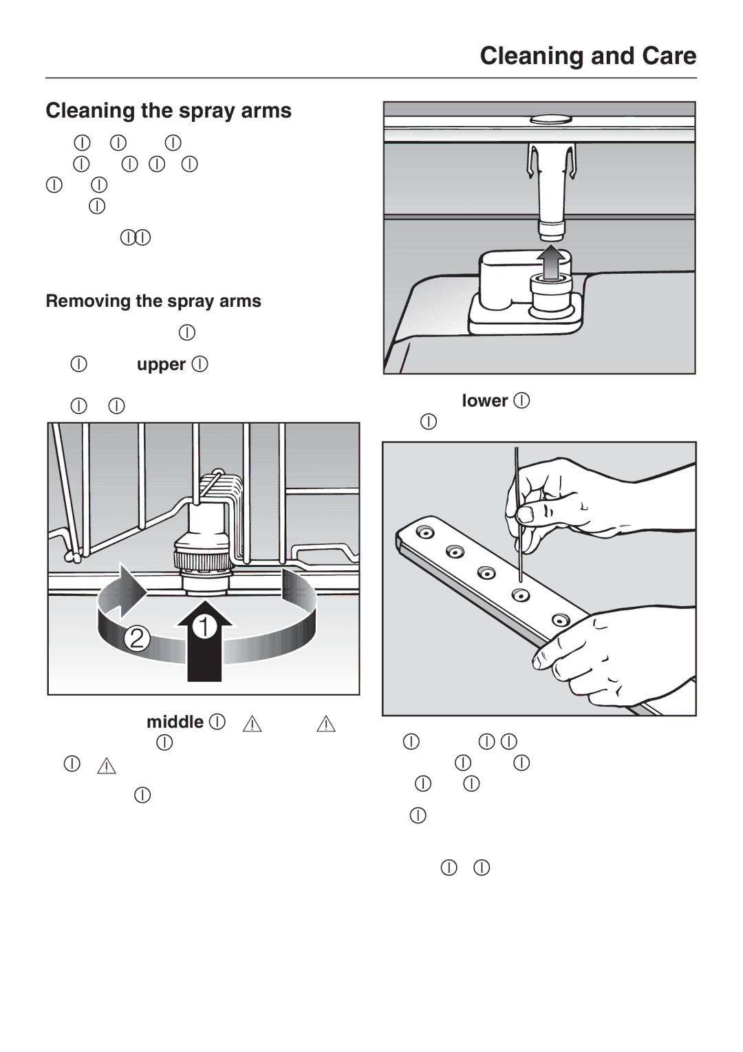 Miele G 2143 manual Cleaning the spray arms, Removing the spray arms 