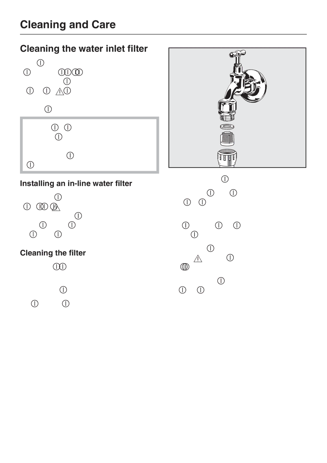 Miele G 2143 manual Cleaning the water inlet filter, Installing an in-line water filter, Cleaning the filter 