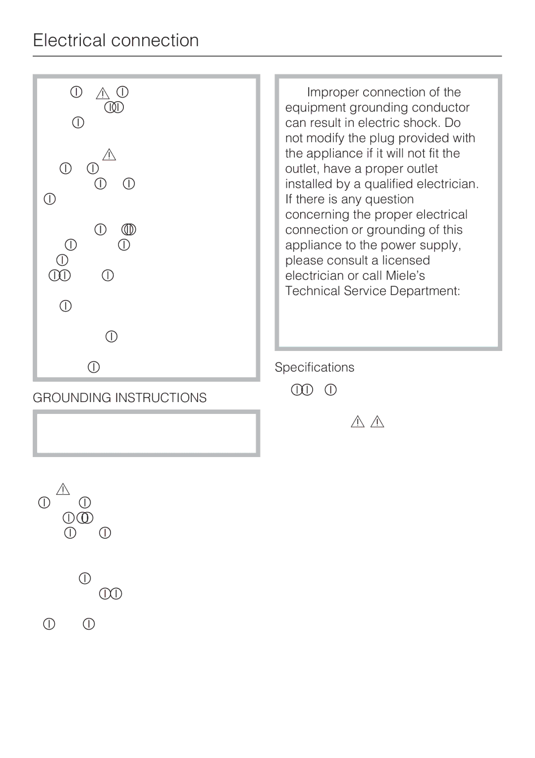 Miele G 2143 manual Electrical connection, Grounding Instructions 