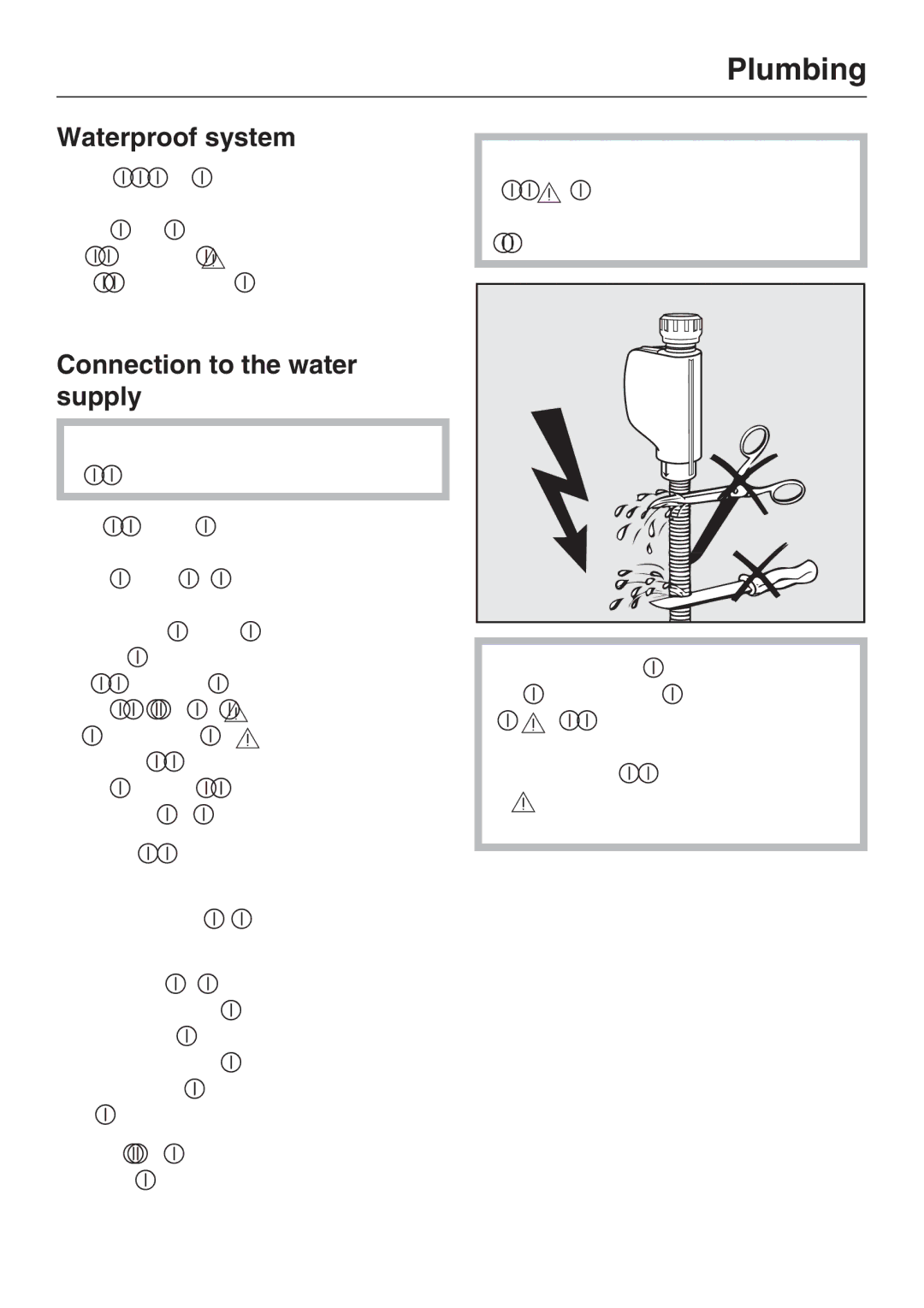 Miele G 2143 manual Plumbing, Waterproof system, Connection to the water supply 