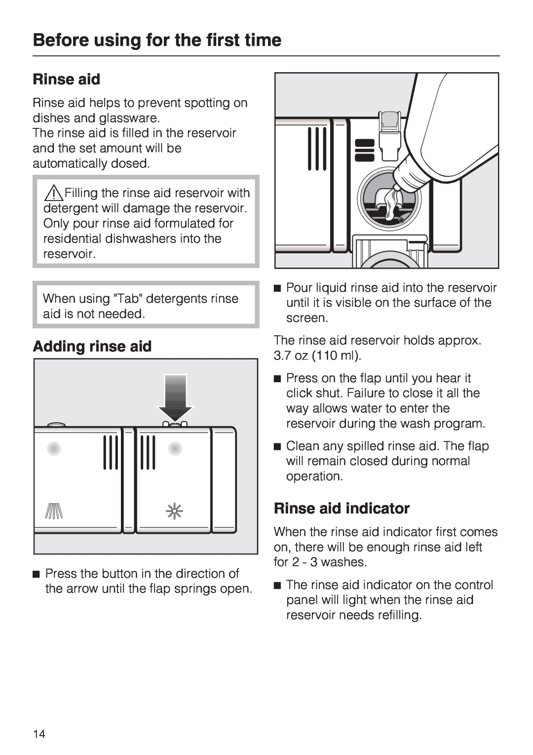 Miele G 2143 manual Adding rinse aid, Rinse aid indicator, Before using for the first time 