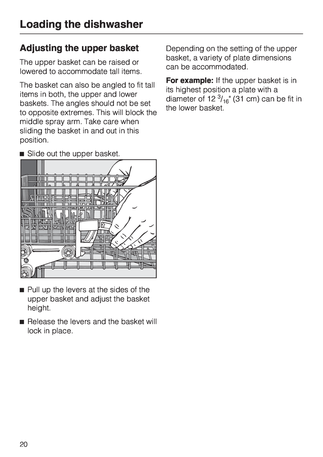 Miele G 2143 manual Adjusting the upper basket, Loading the dishwasher 