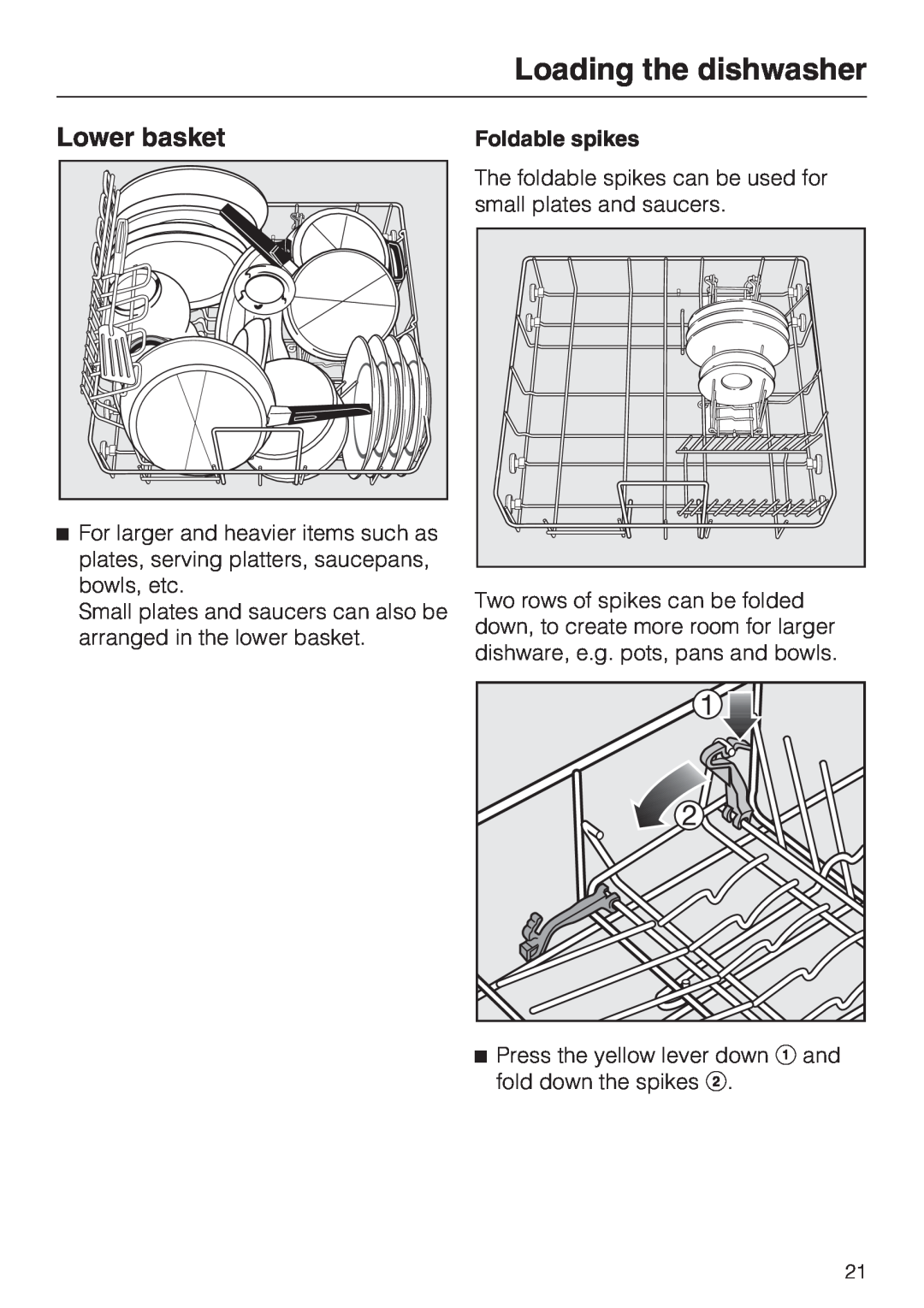 Miele G 2143 manual Lower basket, Loading the dishwasher, Foldable spikes 
