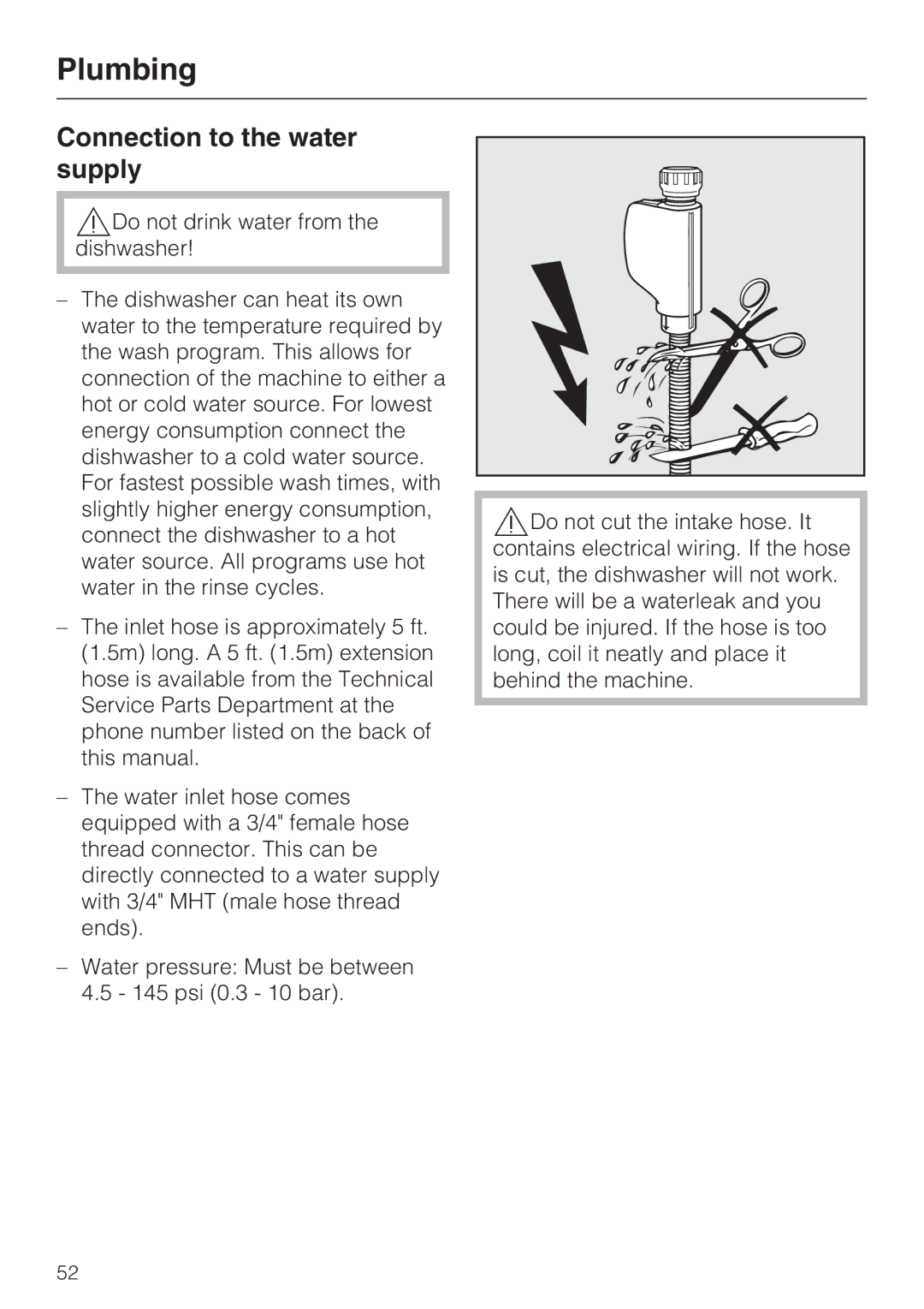 Miele G 2180, G 2170, G 1180 manual Plumbing, Connection to the water supply 