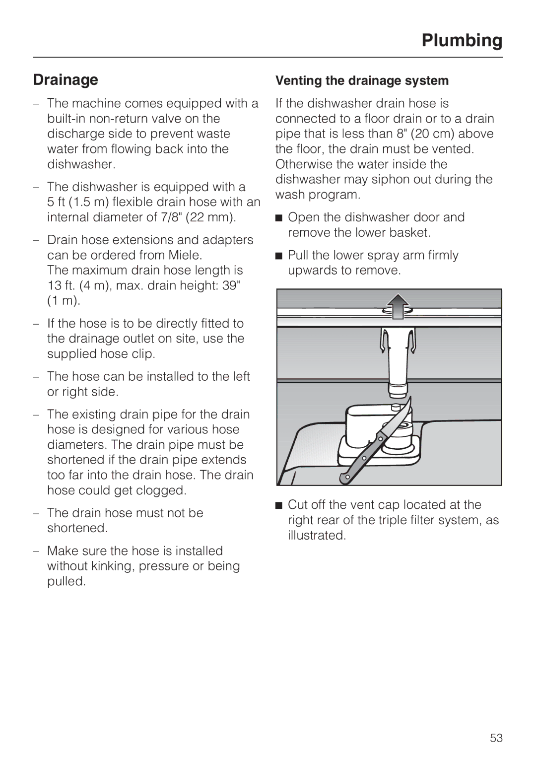 Miele G 1180, G 2170, G 2180 manual Drainage, Venting the drainage system 