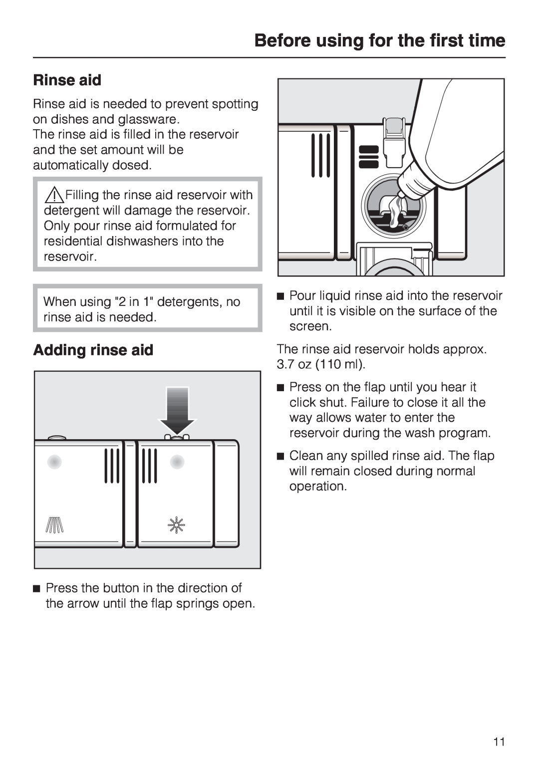 Miele G 1180, G 2170, G 2180 manual Rinse aid, Adding rinse aid, Before using for the first time 