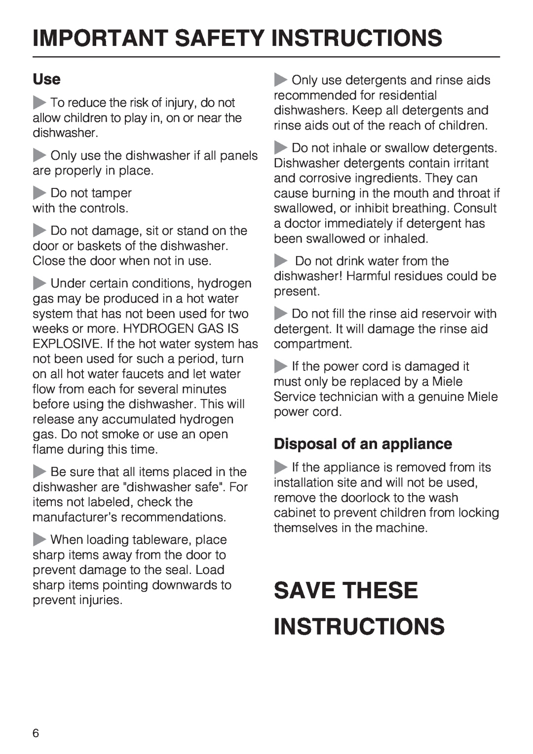Miele G 2170, G 2180, G 1180 manual Save These Instructions, Disposal of an appliance, Important Safety Instructions 