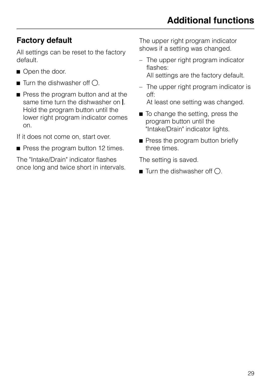 Miele G 2180, G 2170 operating instructions Factory default 