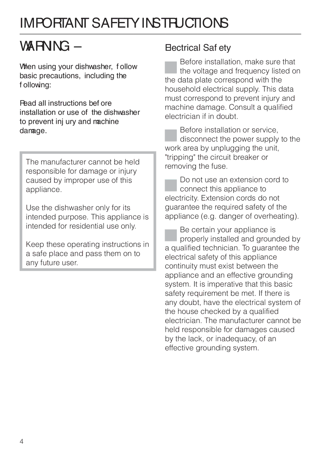 Miele G 2170, G 2180 operating instructions Important Safety Instructions, Electrical Safety 