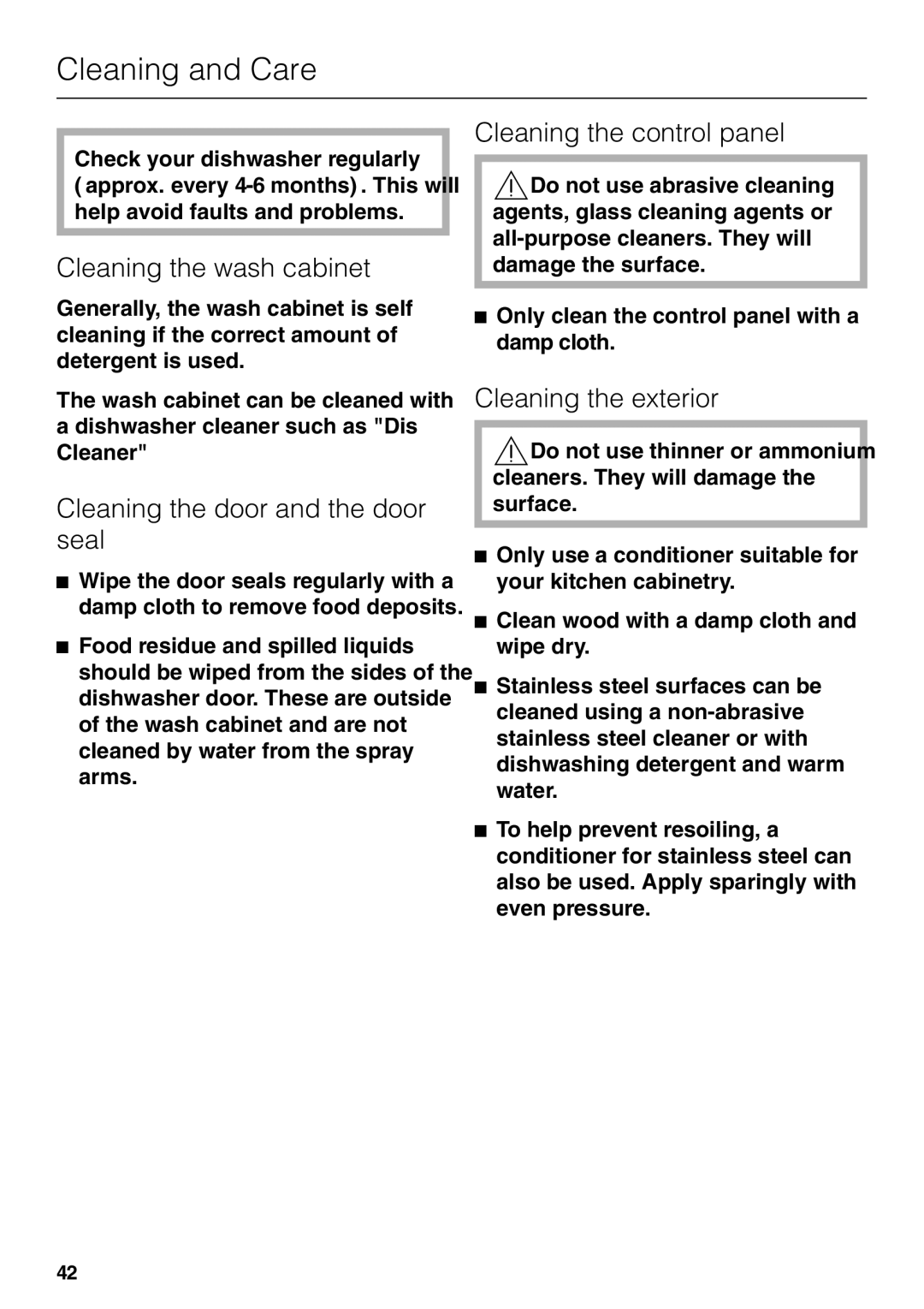 Miele G 2170 Cleaning and Care, Cleaning the wash cabinet, Cleaning the door and the door seal, Cleaning the control panel 