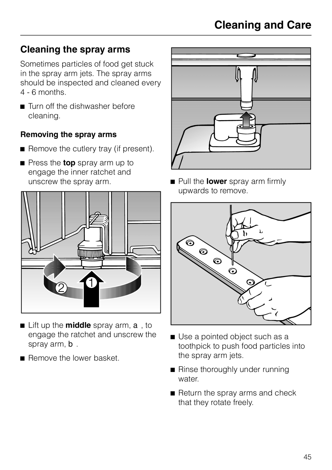 Miele G 2180, G 2170 operating instructions Cleaning the spray arms, Removing the spray arms 