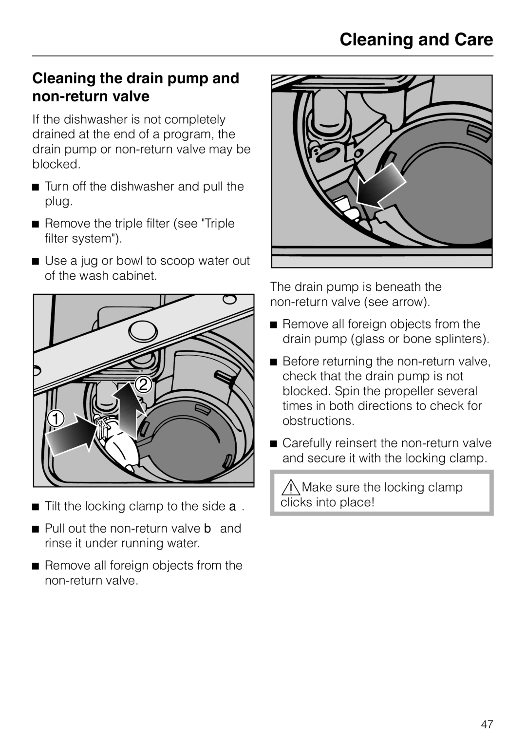 Miele G 2180, G 2170 operating instructions Cleaning the drain pump and non-return valve 