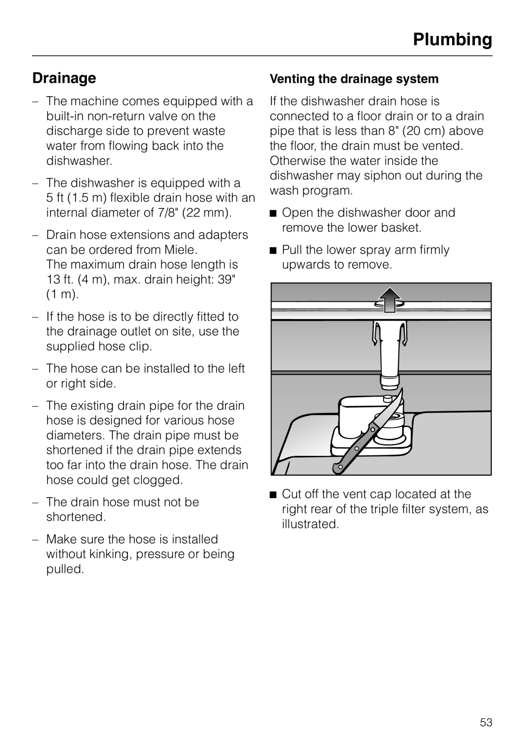 Miele G 2180, G 2170 operating instructions Drainage, Venting the drainage system 