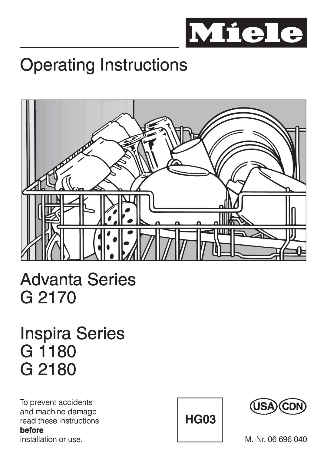 Miele G 2180, G 2170, G 1180 manual Operating Instructions Advanta Series G, Inspira Series G1180 G, en - US, CA 