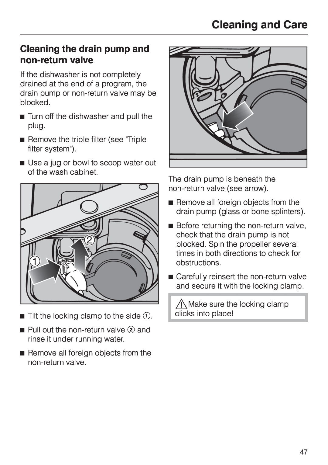 Miele G 2180, G 2170 operating instructions Cleaning the drain pump and non-returnvalve, Cleaning and Care 