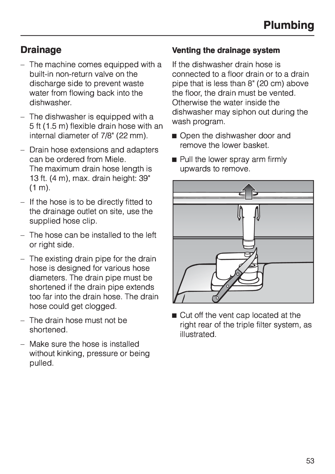 Miele G 2180, G 2170 operating instructions Drainage, Plumbing, Venting the drainage system 