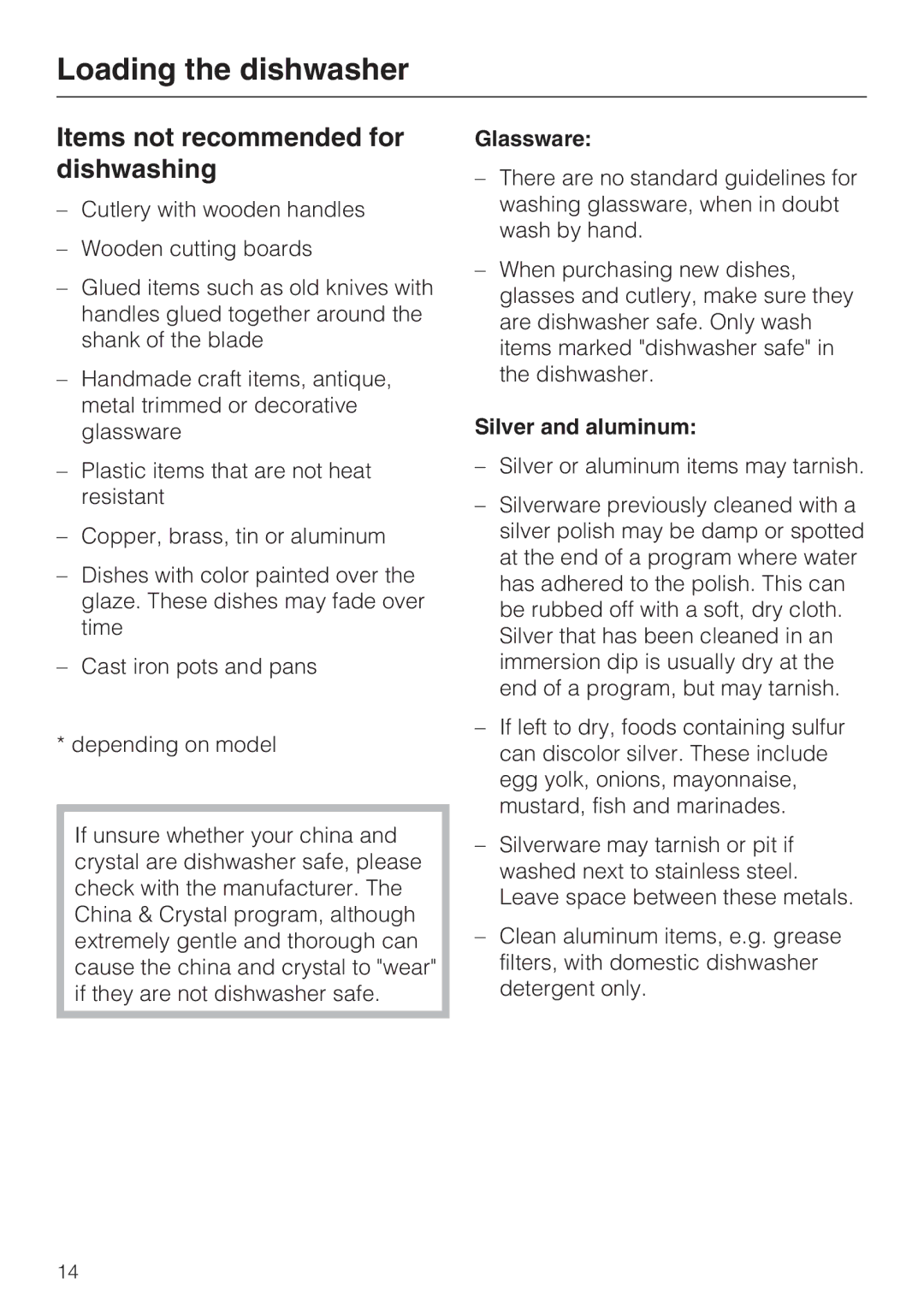 Miele G 2181, G 1181 operating instructions Items not recommended for dishwashing, Glassware, Silver and aluminum 