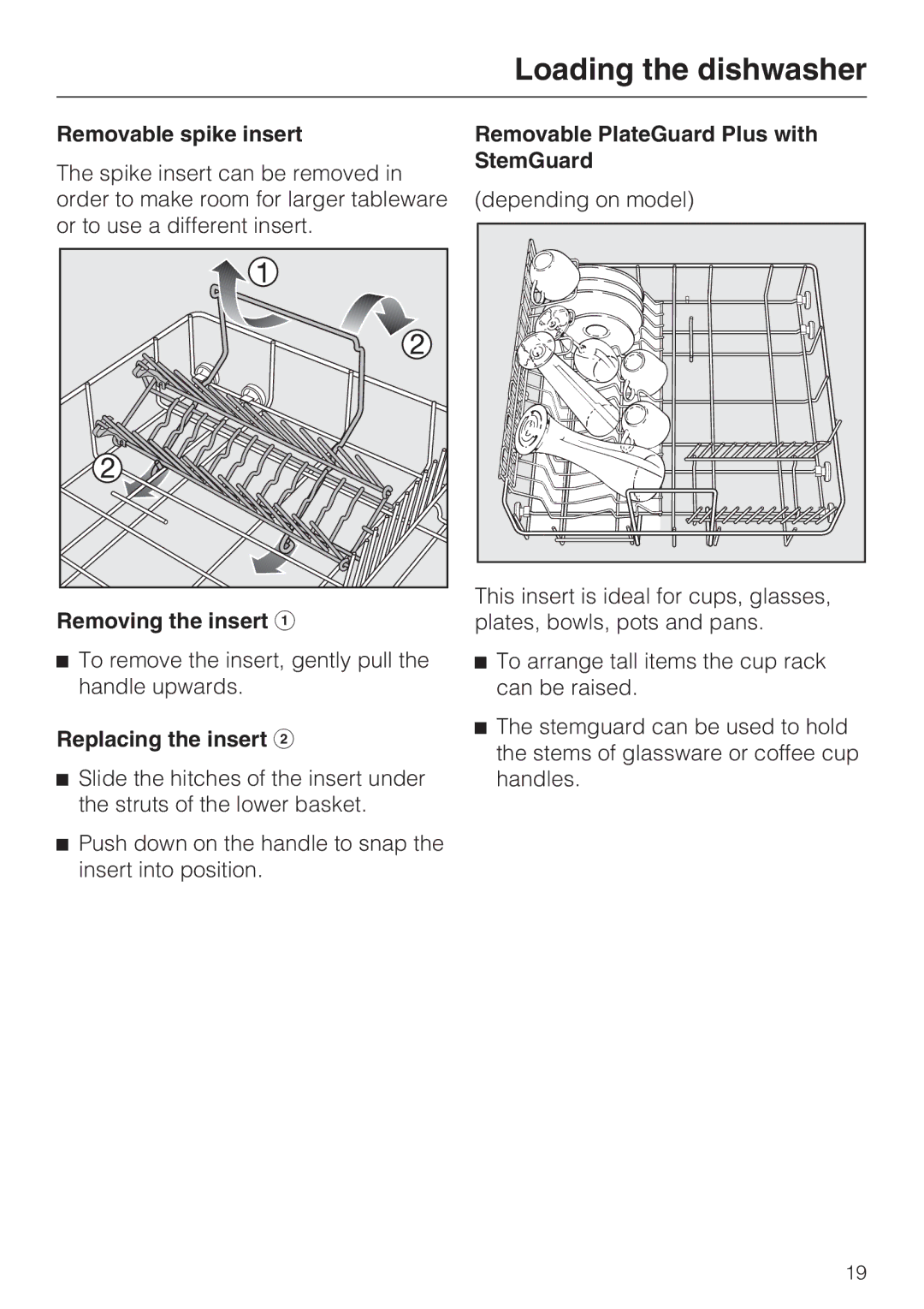 Miele G 1181 Removable spike insert, Removing the insert, Replacing the insert, Removable PlateGuard Plus with StemGuard 