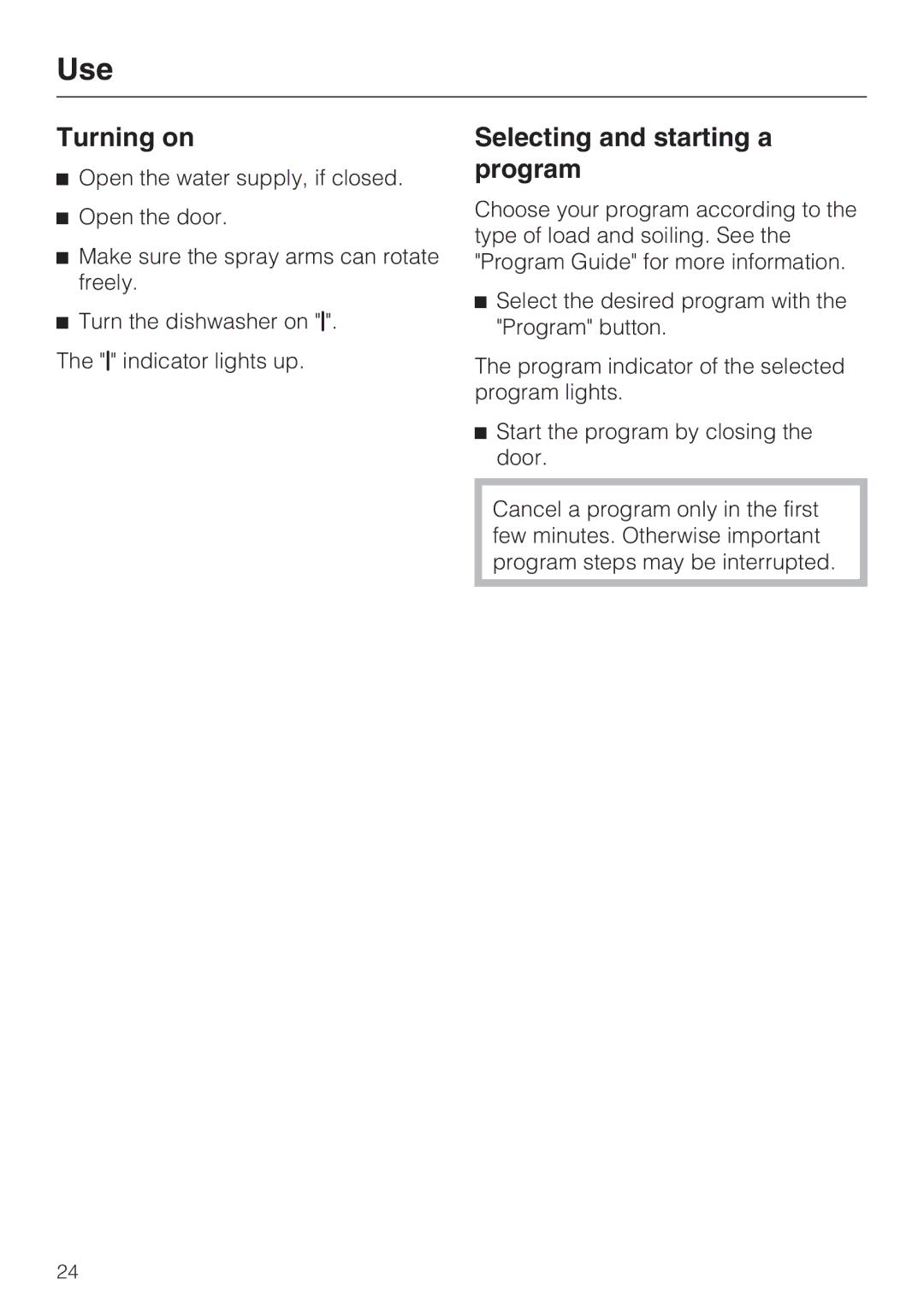 Miele G 2181, G 1181 operating instructions Turning on, Selecting and starting a program 