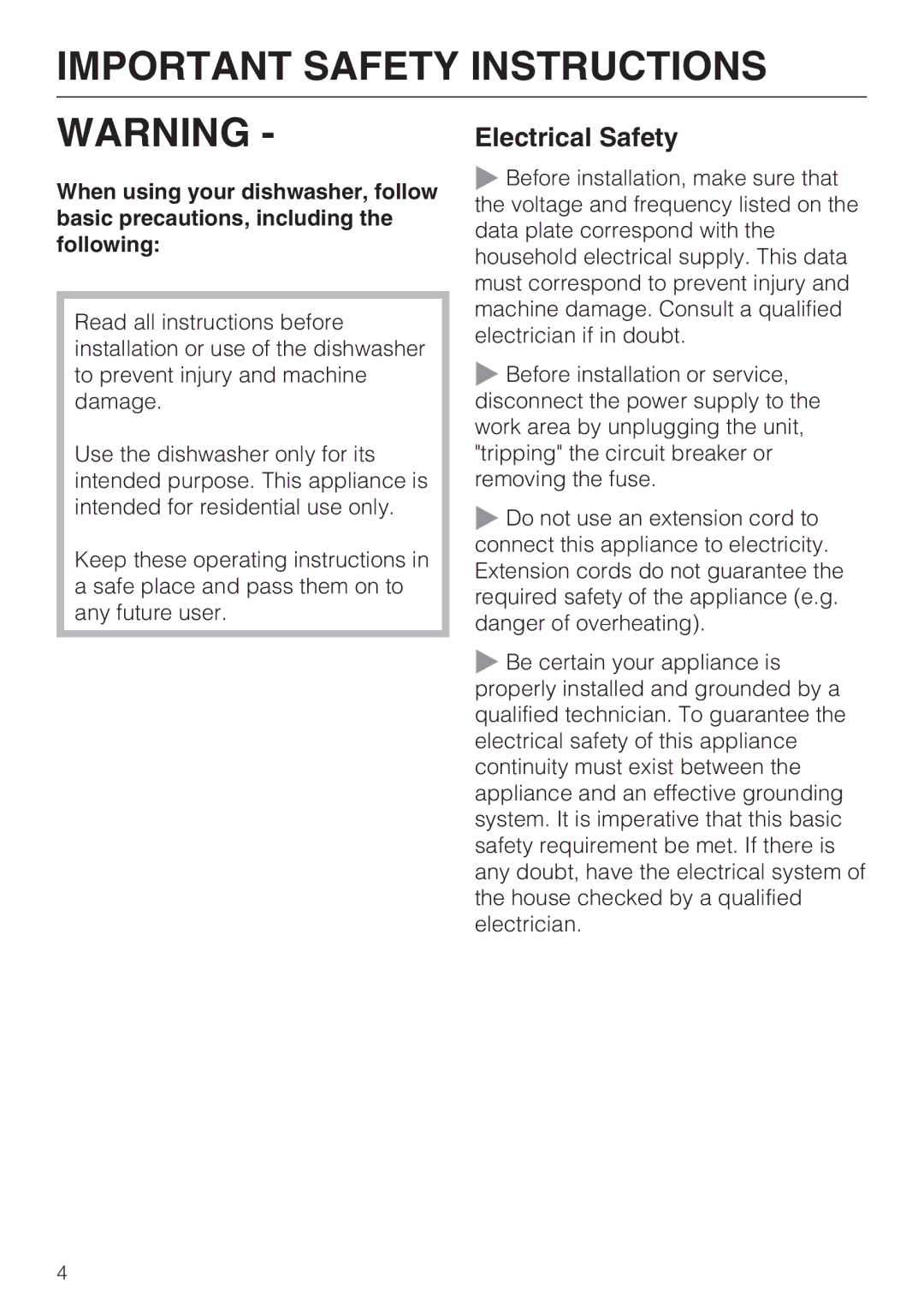 Miele G 2181, G 1181 operating instructions Important Safety Instructions, Electrical Safety 